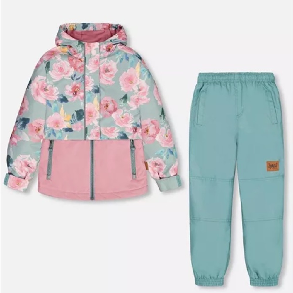Deux par Deux Girls 5T Two-Piece Hooded Coat & Pants Watercolor Roses Pink Green